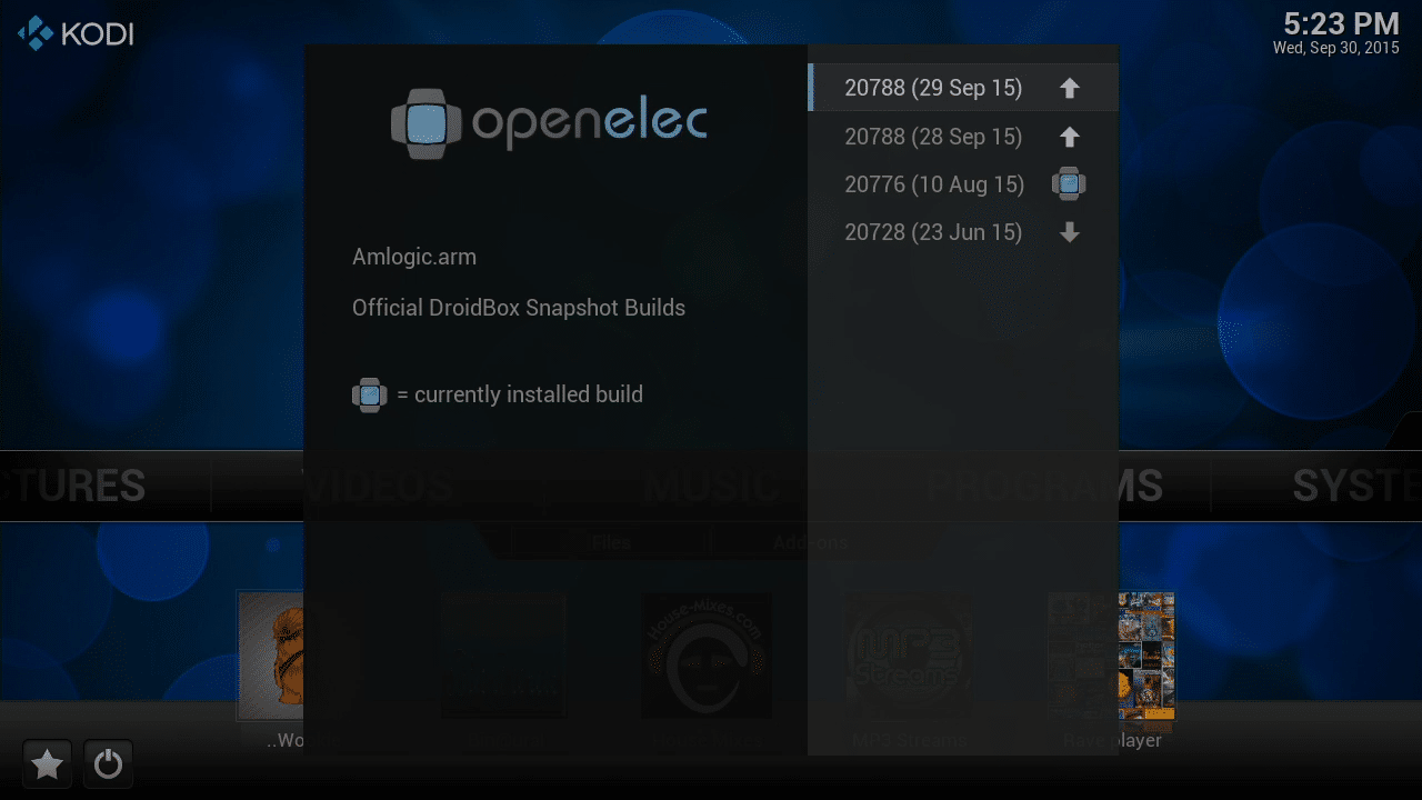 OpenELEC Dev Update Build Selection