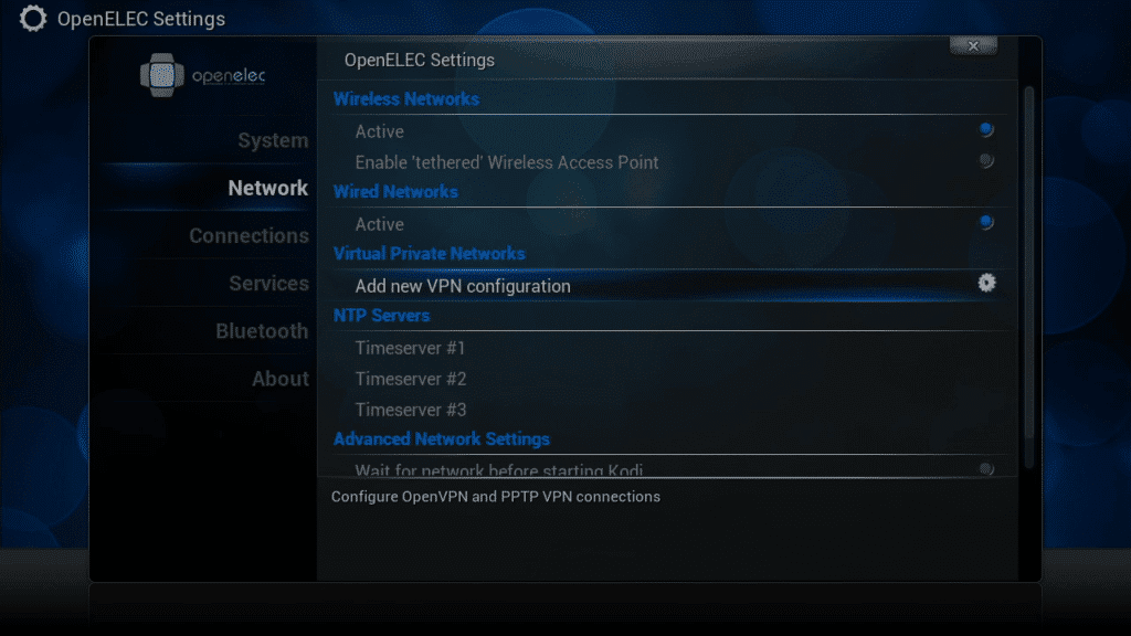 Tilføj VPN-indstilling openELEC