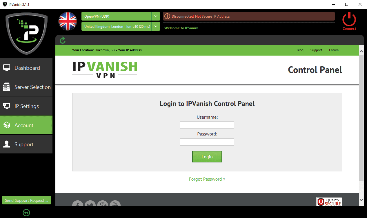 IPVanish-kontokontroll kräver inloggning