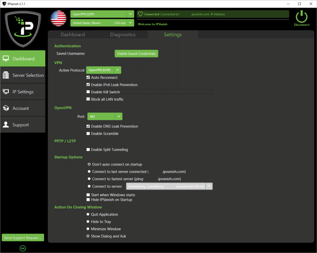 IPVanish Settings Area