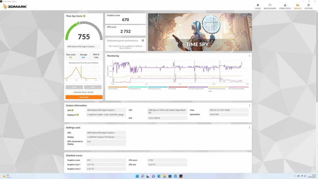 Resultados do teste de referência 3DMark para o UM350