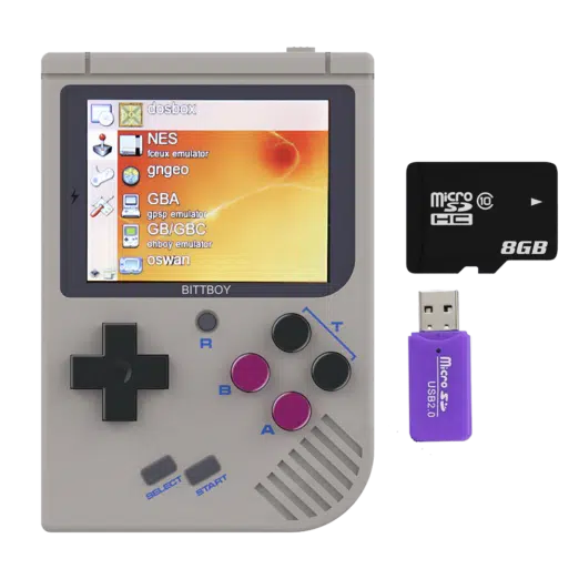 NEW Bittboy V3 Retro Gaming Handheld Emulator - Front View with Software, 8GB Micro SD Card and Reader