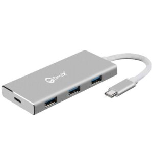 Hub USB Tipo-C DroiX FX7 che mostra una porta USB 3.0 Tipo-C e tre porte USB 3.0 Tipo-A