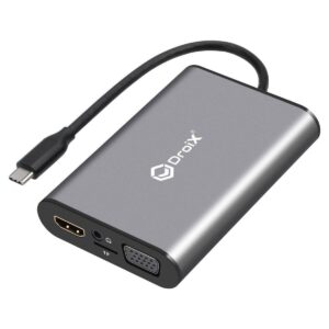 Hub USB Tipo-C DroiX FX8 que muestra un puerto VGA, un puerto para auriculares, una ranura para tarjetas MicroSD/TF y un puerto HDMI.