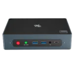 Beelink GTi 10 Windows Intel NUC Mini PC - Showing from the front with Power Button, CMOS Reset Button, 2x USB Type-A 3, 3.5mm Headphone&Microphone Jack and USB Type-C