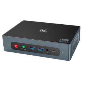 Beelink GTi 10 Windows Intel NUC Mini PC - Vue de face avec bouton d&#039;alimentation, bouton de réinitialisation du CMOS, 2x USB Type-A 3, prise casque et microphone 3,5 mm et USB Type-C