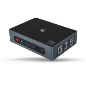 Beelink GTi 8 i5 8259U von der Vorderseite mit Power-Button, CMOS-Löschknopf, 2x USB Typ-A 3.0, 3,5mm Mikrofon- und Kopfhörerbuchse und Typ-C zusammen mit Fingerabdrucksensor