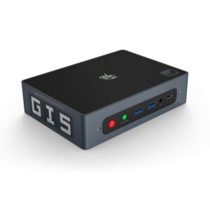 Beelink GTi 8 i5 8259U von vorne im linken Winkel mit Power-Button, CMOS-Löschknopf, 2x USB Typ-A 3.0, 3,5mm Mikrofon- und Kopfhörerbuchse und Typ-C zusammen mit Fingerabdrucksensor