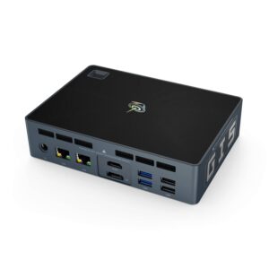 Beelink GTi 8 i5 8259U von hinten im rechten Winkel gezeigt mit DC Power Jack, 2x LAN Ports, HDMI, DP und 4 USB Ports