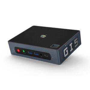 Beelink GTi 8 i5 8259U von der Vorderseite mit Power-Button, CMOS-Löschknopf, 2x USB Typ-A 3.0, 3,5mm Mikrofon- und Kopfhörerbuchse und Typ-C zusammen mit Fingerabdrucksensor