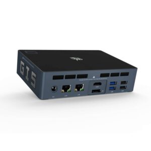 Beelink GTi 8 i5 8259U von hinten im linken Winkel mit DC Power Jack, 2x LAN Ports, HDMI, DP, und 4 USB Ports