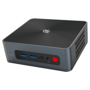 Beelink SEi 10 i3 Mini PC showing from front at angle with 2x USB Type-A 3.0 and 1x USB Type-C Port along with 3.5mm Headphone Jack