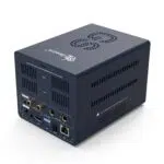 Beelink GS King X Android BOX with Nas   Showing rear IO with Audio Output DC DV HDMILANSPDIF and USB Ports at angle