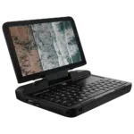 GPD Micro PC Shown from an angle featuring a QWERTY Keyboard, Trackpad and Display