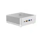 MinisForum DeskMini UM250 Ryzen Mini PC - Shown from the front at angle with 3 USB Ports, 3.5mm Audio Port and Power button