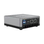 MINISFORUM DMAF5 AMD Mini PC with Ryzen 5 - Shown from the back at left side angle with Power Port, 2x RJ45 Ethernet Ports, 1x HDMI, 1x DisplayPort and 2x USB Type-A Ports