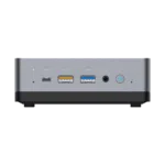 MINISFORUM DMAF5 AMD Mini PC with Ryzen 5 - Shown from front with Mic In, 2x USB Type-A Ports, 1x USB Type-C Port, 3.5mm Jack and Power Button