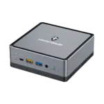 MINISFORUM DMAF5 AMD Mini PC with Ryzen 5 - Shown from top right angle with Mic In, 2x USB Type-A Ports, 1x USB Type-C Port, 3.5mm Jack and Power Button