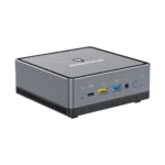 MINISFORUM DMAF5 AMD Mini PC with Ryzen 5 - Shown from left side at angle with Mic In, 2x USB Type-A Ports, 1x USB Type-C Port, 3.5mm Jack and Power Button