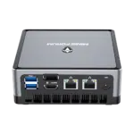 MINISFORUM DMAF5 AMD Mini PC with Ryzen 5 - Shown from the back at angle with Power Port, 2x RJ45 Ethernet Ports, 1x HDMI, 1x DisplayPort and 2x USB Type-A Ports