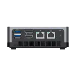 MINISFORUM DMAF5 AMD Mini PC with Ryzen 5 - Shown from the back straight at angle with Power Port, 2x RJ45 Ethernet Ports, 1x HDMI, 1x DisplayPort and 2x USB Type-A Ports