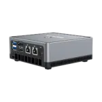 MINISFORUM DMAF5 AMD Mini PC with Ryzen 5 - Shown from the back at right side angle with Power Port, 2x RJ45 Ethernet Ports, 1x HDMI, 1x DisplayPort and 2x USB Type-A Ports