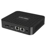 MINISFORUM GK50 Windows Mini PC   Showing from the rear at angle with HDMI Port Display Port 2x RJ45 Ethernet Ports and Power Port