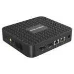 MINISFORUM GK50 Windows Mini PC   Showing from the rear at angle with HDMI Port Display Port 2x RJ45 Ethernet Ports and Power Port as well as Micro SD Card slot and Audio Ports