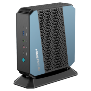 MinisForum EliteMini HX90 Gaming Mini PC - Shown from the front with USB Type-A 3.0, Microphone & Headphone Jack, USB-Type C and Power Button