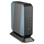 MinisForum EliteMini HX90 Gaming Mini PC - Shown from the front with USB Type-A 3.0, Microphone & Headphone Jack, USB-Type C and Power Button from a different angle