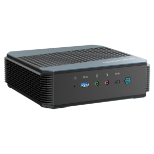 MinisForum EliteMini HX90 Gaming Mini PC Horizontal - Shown from the front with USB Type-A 3.0, Microphone & Headphone Jack, USB-Type C and Power Button from a different angle