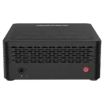 MinisForum EliteMini X500 Windows 10 Mini Computer - Shown from the front with 3.5mm Headphone&Microphone Jack and Power Button