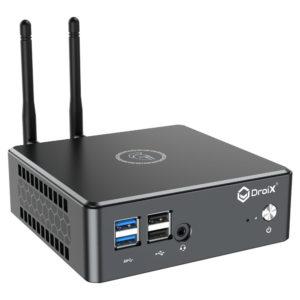 Proteus by DroiX Windows Mini PC - Shown from the front with 2x USB 3.0 Type-A, 2x USB Type-A 2.0, 1x 3.5mm Headphone&Mic combo