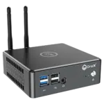 Proteus by DroiX Windows Mini PC - Shown from the front with 2x USB 3.0 Type-A, 2x USB Type-A 2.0, 1x 3.5mm Headphone&Mic combo