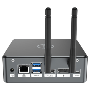 Proteus by DroiX Windows Mini PC - Shown from the rear with Display Port, HDMI Port, USB Type-C Port, 2x USB Type-A and RJ45 1GB/s Ethernet Port