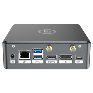 Proteus by DroiX Windows Mini PC - Shown from the rear with Display Port, HDMI Port, USB Type-C Port, 2x USB Type-A and RJ45 1GB/s Ethernet Port