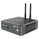 Proteus by DroiX Windows Mini PC - Shown from the front with 2x USB 3.0 Type-A, 2x USB Type-A 2.0, 1x 3.5mm Headphone&Mic combo