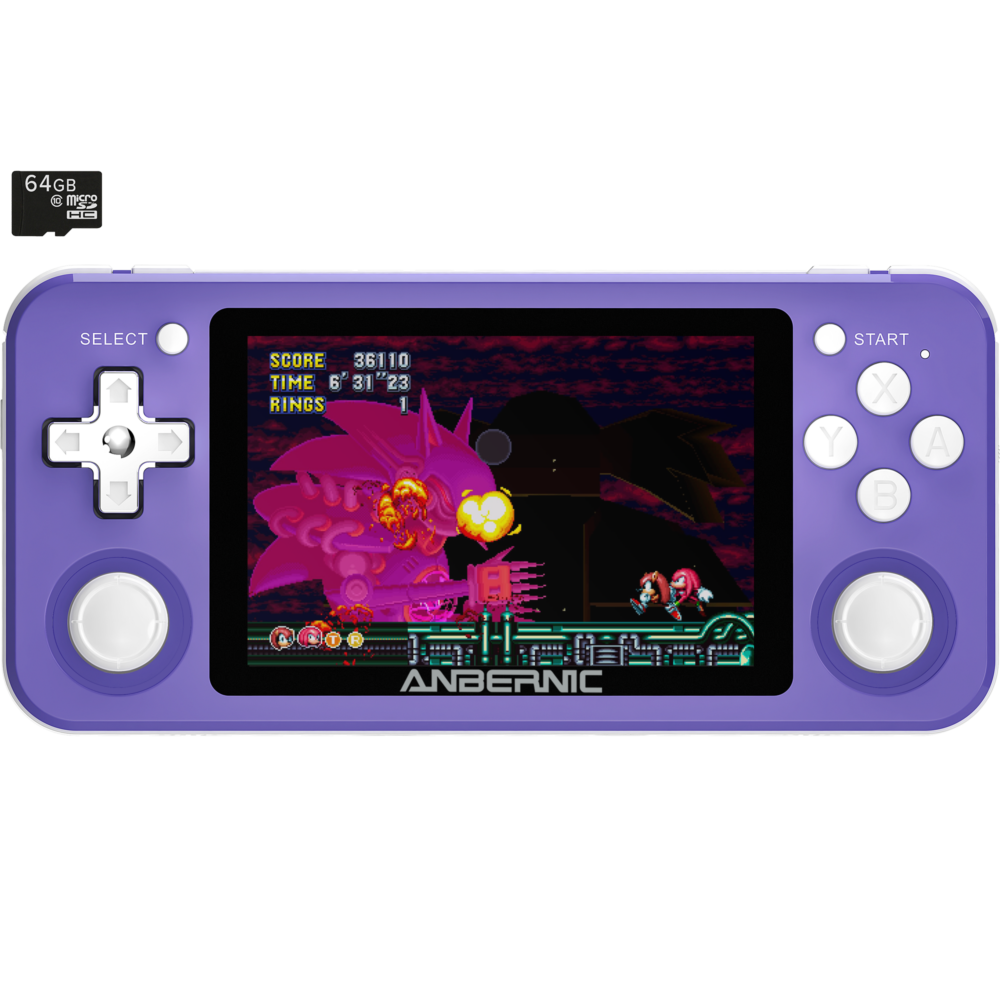 RG351P Purple med 64GB MicroSD-kort Retro Gaming Emulator - Viser forsiden