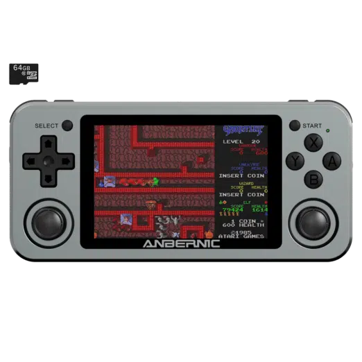 RG351M Space Grey Retro Gaming Handhelds - Showing from the front with retro game playing