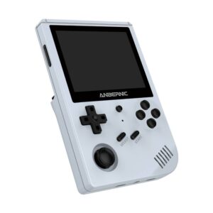 ANBERNIC Grijze RG351V Retro Gaming Handheld - Afgebeeld van voren onder een hoek