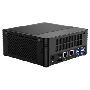 MinisForum EliteMini X400 Ryzen 3 PRO Mini Computer - Showing Rear I/O, including: 4x USB 3.0 Type-A, 2x RJ45 Ethernet Ports, HDMI Port, DP Port and Power Port