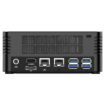 MinisForum EliteMini X400 Ryzen 5 PRO Mini Computer - Showing Rear I/O, including: 4x USB 3.0 Type-A, 2x RJ45 Ethernet Ports, HDMI Port, DP Port and Power Port
