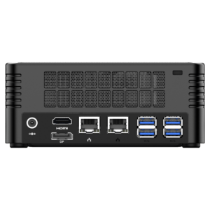 MinisForum EliteMini X400 Ryzen 5 PRO Mini Computer - Showing Rear I/O, including: 4x USB 3.0 Type-A, 2x RJ45 Ethernet Ports, HDMI Port, DP Port and Power Port