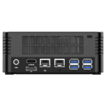 MinisForum EliteMini X400 Ryzen 3 PRO Mini Computer - Showing Rear I/O, including: 4x USB 3.0 Type-A, 2x RJ45 Ethernet Ports, HDMI Port, DP Port and Power Port