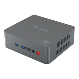 Beelink U55 Windows 10 Mini PC - Front View at an Angle showing Power Button, Headphone Jack, USB Type-C Port and two USB 3.0 Ports