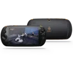 MOQi i7 Android Smartphone Handheld - Front view showing the console playing a MMORPG Game and the Camera on the back
