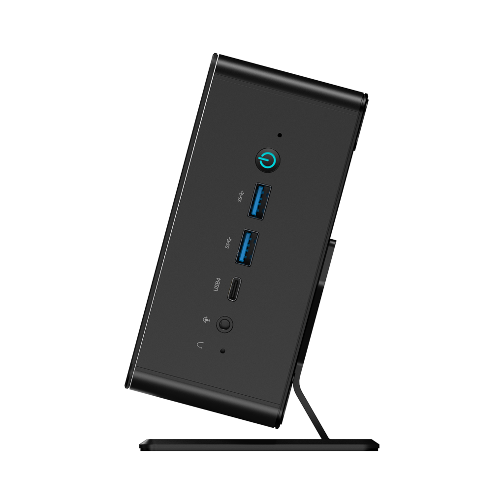 Rendered image of the Minisforum UM780XTX Mini PC, displaying a compact and modern black design. The device is shown with multiple ports, including USB, HDMI, and Ethernet, emphasizing its powerful performance capabilities and versatile connectivity options. The render highlights the sleek and minimalist aesthetic of the mini PC