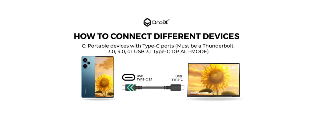 Harness the advanced capabilities of Thunderbolt 3 4 or USB 31 DP ALT MODE on your smartphone to seamlessly connect to the DroiX PM13 portable monitor for both video output and power delivery Utilize the Type C port with DP ALT MODE support on your smartphone for a streamlined experience with a single cable handling video transmission and power supply