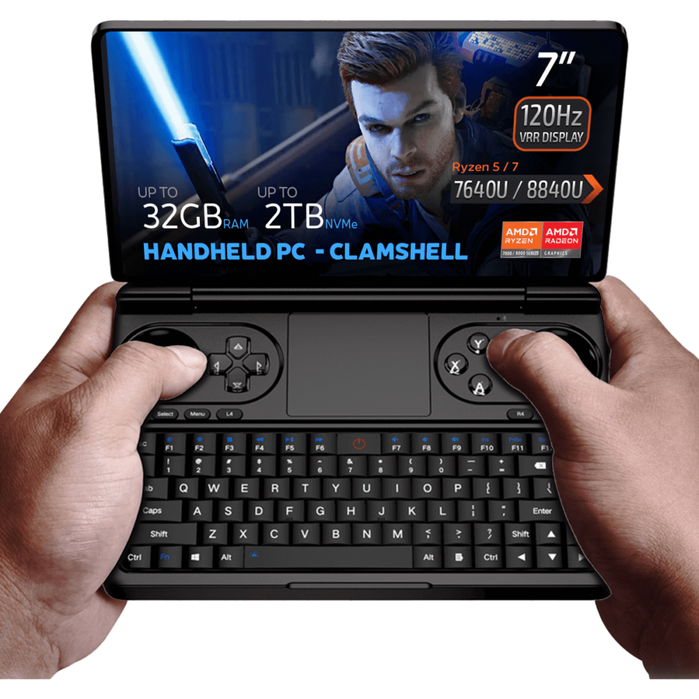 GPD WIN Mini 2024: Powerful handheld gaming PC with 7" FHD 120Hz VRR touchscreen. Features AMD Ryzen 7 8840U CPU, Radeon 780M GPU, 32GB RAM, 2TB NVMe storage. Compact clamshell design with full keyboard and gaming controls. Versatile connectivity including Wi-Fi 6E and Bluetooth 5.2. Runs Windows 11 Home. DROIX branding visible. Compact form factor offers portability and power for gaming and productivity on-the-go.