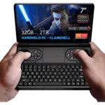 GPD WIN Mini 2024: Powerful handheld gaming PC with 7" FHD 120Hz VRR touchscreen. Features AMD Ryzen 7 8840U CPU, Radeon 780M GPU, 32GB RAM, 2TB NVMe storage. Compact clamshell design with full keyboard and gaming controls. Versatile connectivity including Wi-Fi 6E and Bluetooth 5.2. Runs Windows 11 Home. DROIX branding visible. Compact form factor offers portability and power for gaming and productivity on-the-go.